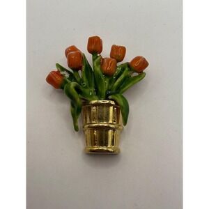 Vintage Tulip Flower Pot Brooch Enamel Orange Tulips Gold Tone Pin